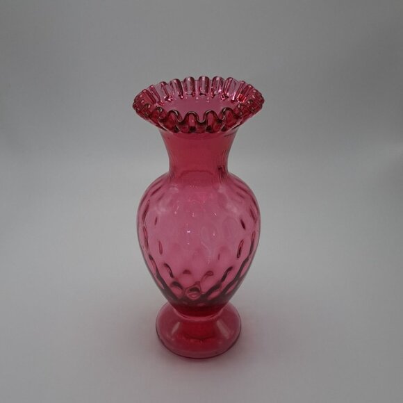 Fenton Cranberry Optic Dot Thumbprint Glass Crimped Pinched Edge Vase Vintage - Picture 2 of 14